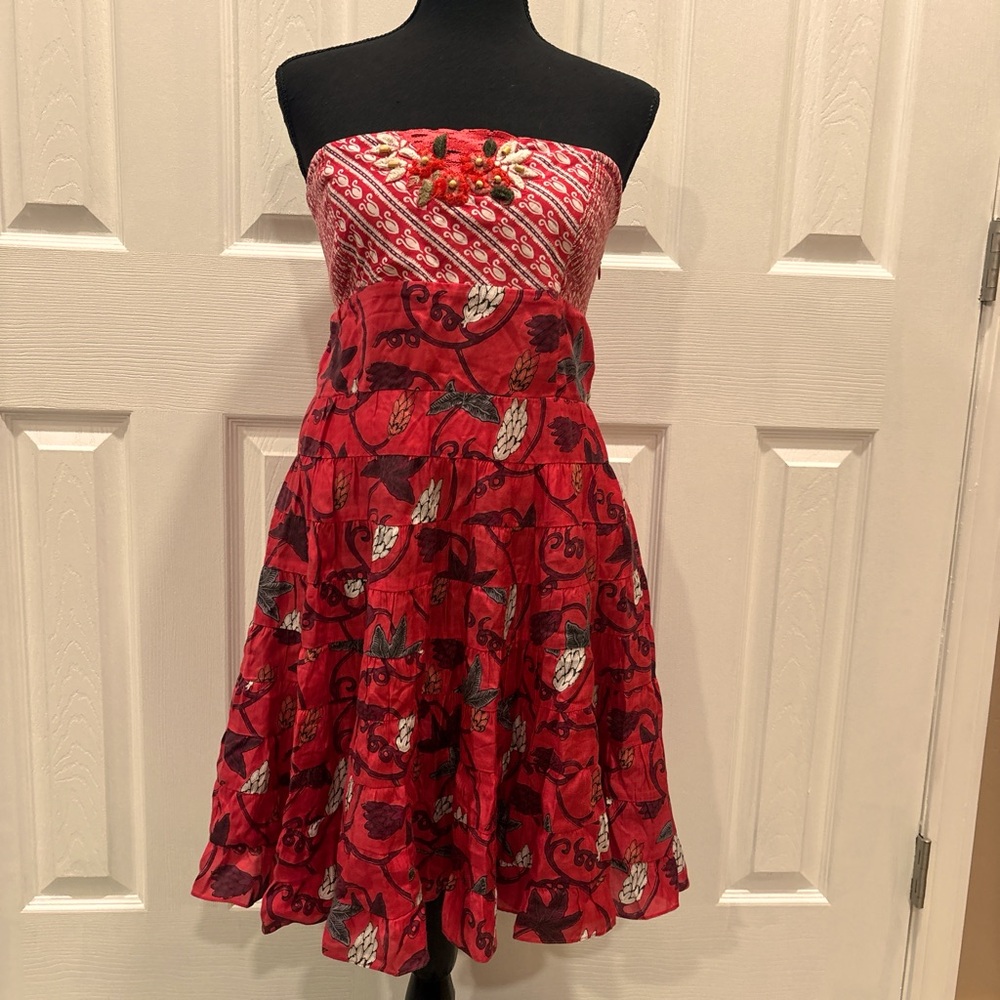 Free People Strapless Red Patterned Sundress